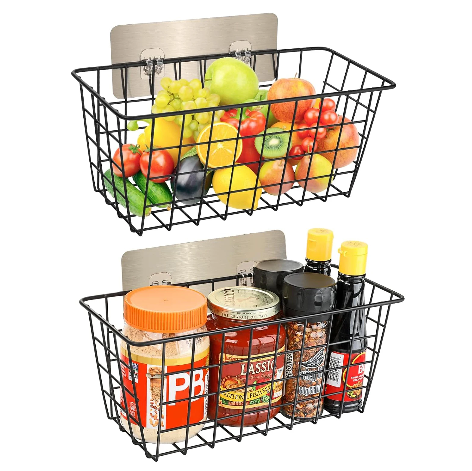 Wire Storage Baskets Adhesive Basket Cabinet Door Organizer No Drilling Sturdy Hanging Fruit Baskets