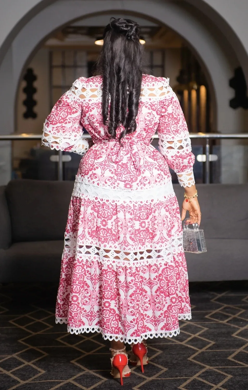 Liu Ming Elegant Vintage Fashion 2024 Women Casual Loose Lace Patchwork Plus Size High Waist Maxi Dress