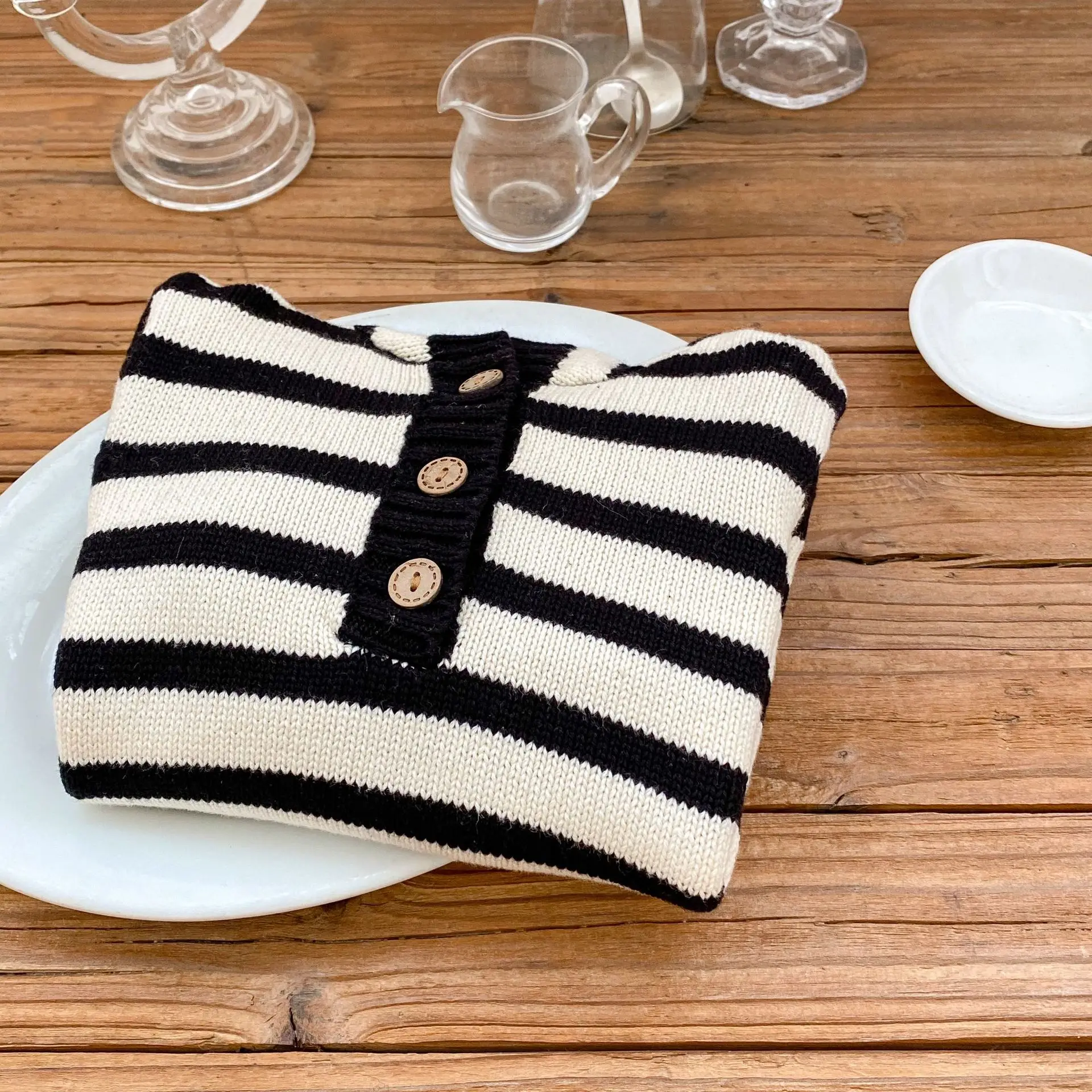 Instagram Spring Clothing Baby Boys Girls Babies Striped Hooded Cotton Jumpsuit Buttocks Jumpsuit Climbing Suit