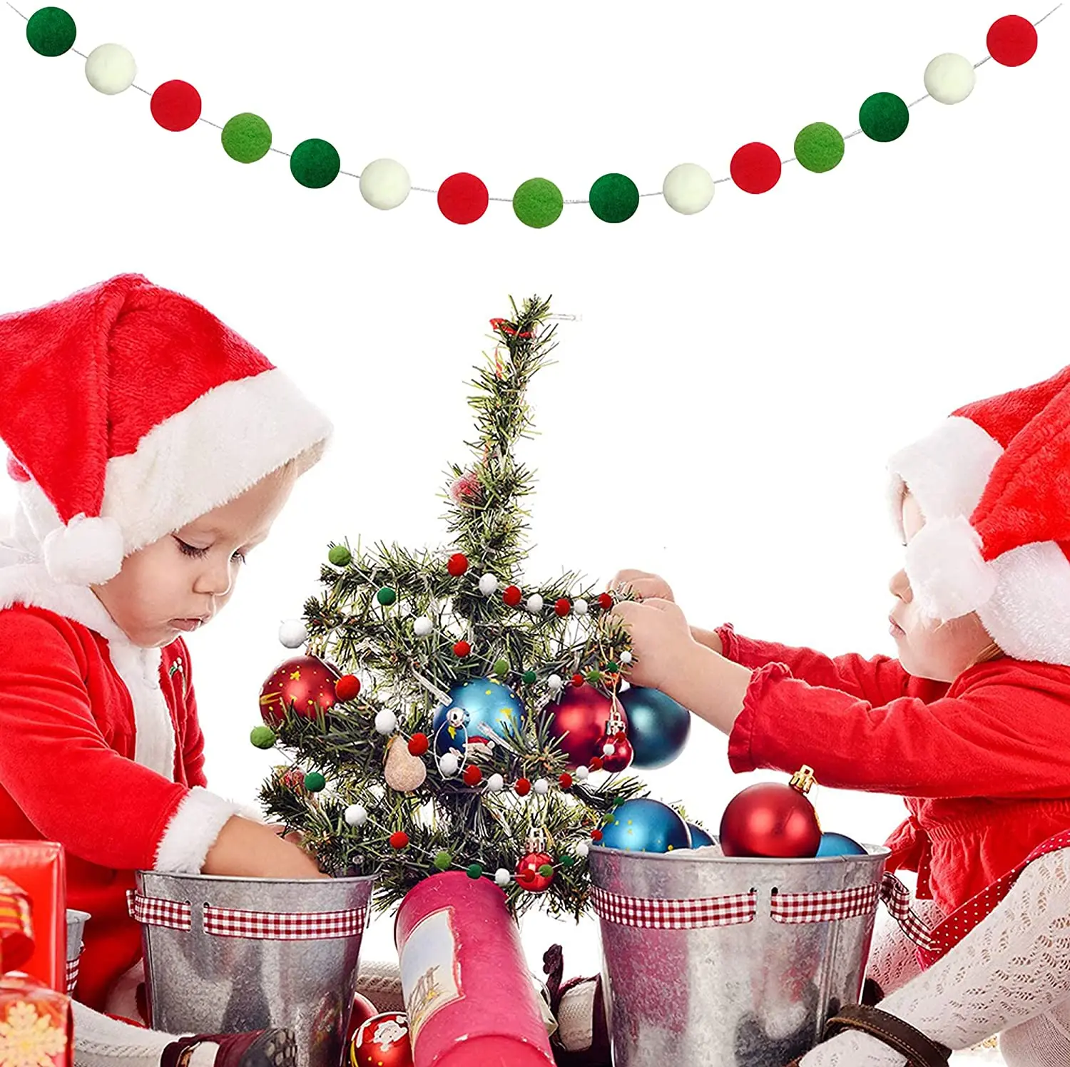 Handmade wool felt garland  white red green DIY pompom Christmas wreath tree and fireplace banner holiday decorations crafts