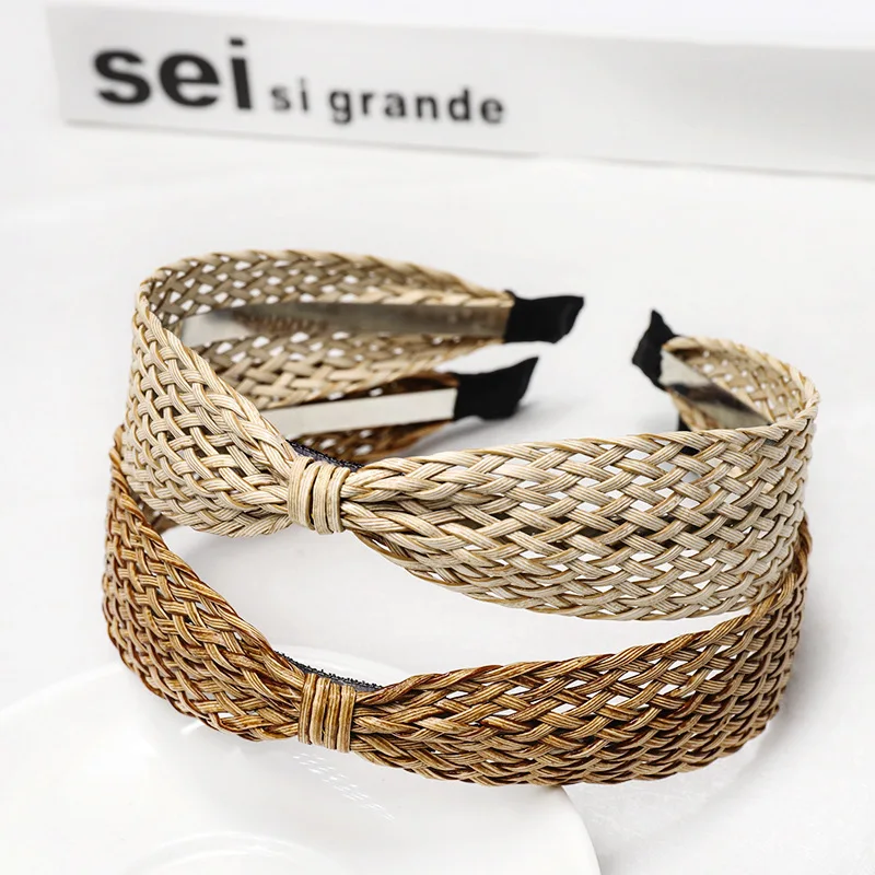 Natural Raffia Straw Handmade Bow Knot Headband Boho Braided Weaving Hairband Girls Hair Accessories Vacation Style Hair Bands