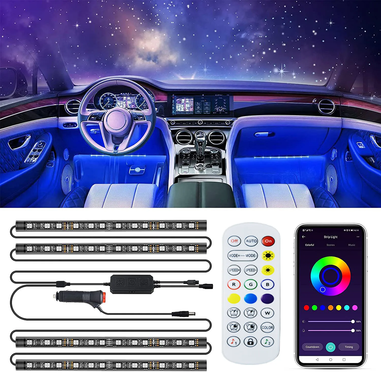Car LED Interior Light Strip with APP and Remote Car Strip LED Lights Sync to Music Color Changing 12V Cigarette Lighter for SUV