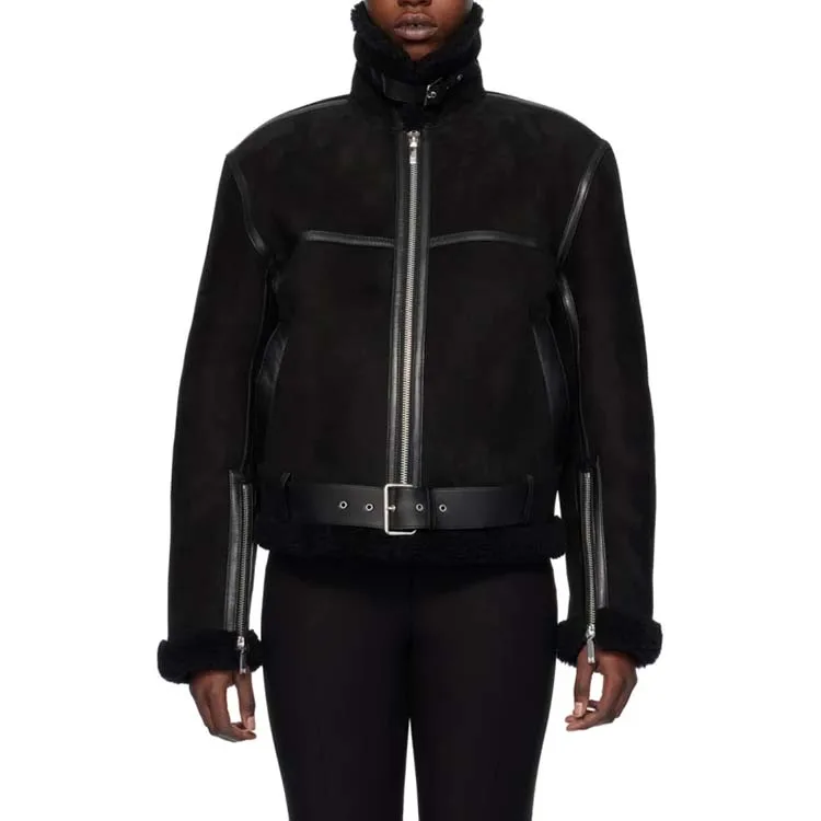 Black Leather Jacket Luxury oem custom fur jacket comfortable warm Lambskin suede jacket shearling trim 2023