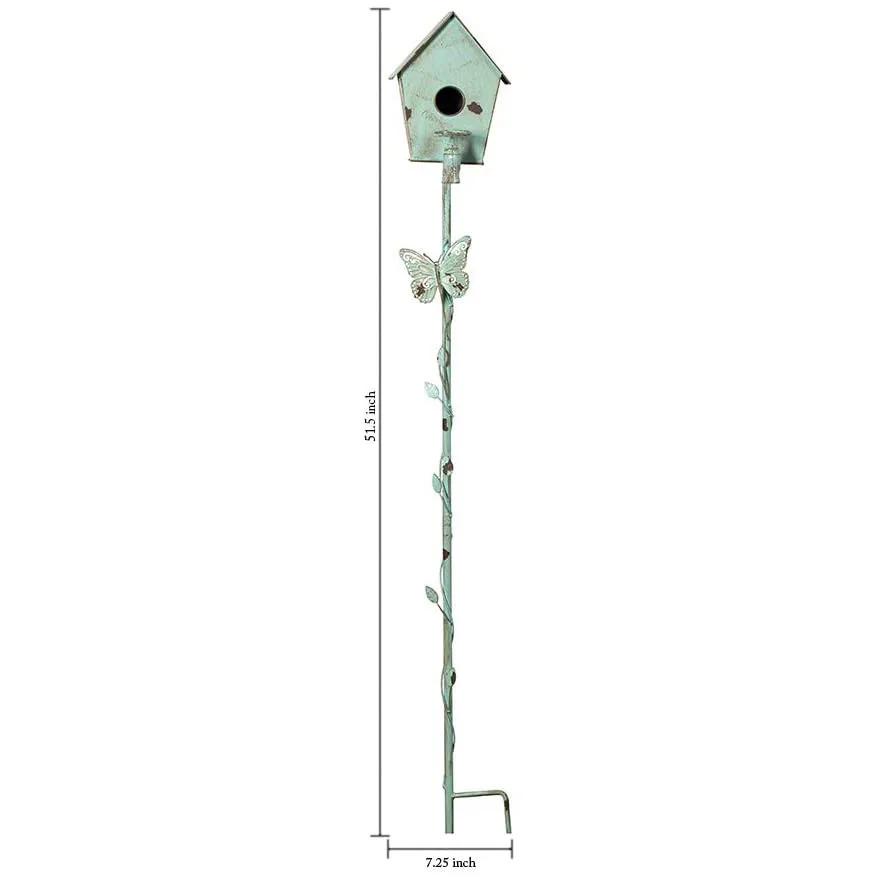 Bird House Stake with Pole for Outside Reclaimed Cast Iron Faucet with Butterfly Distressed Country Garden Metal Stake Decor