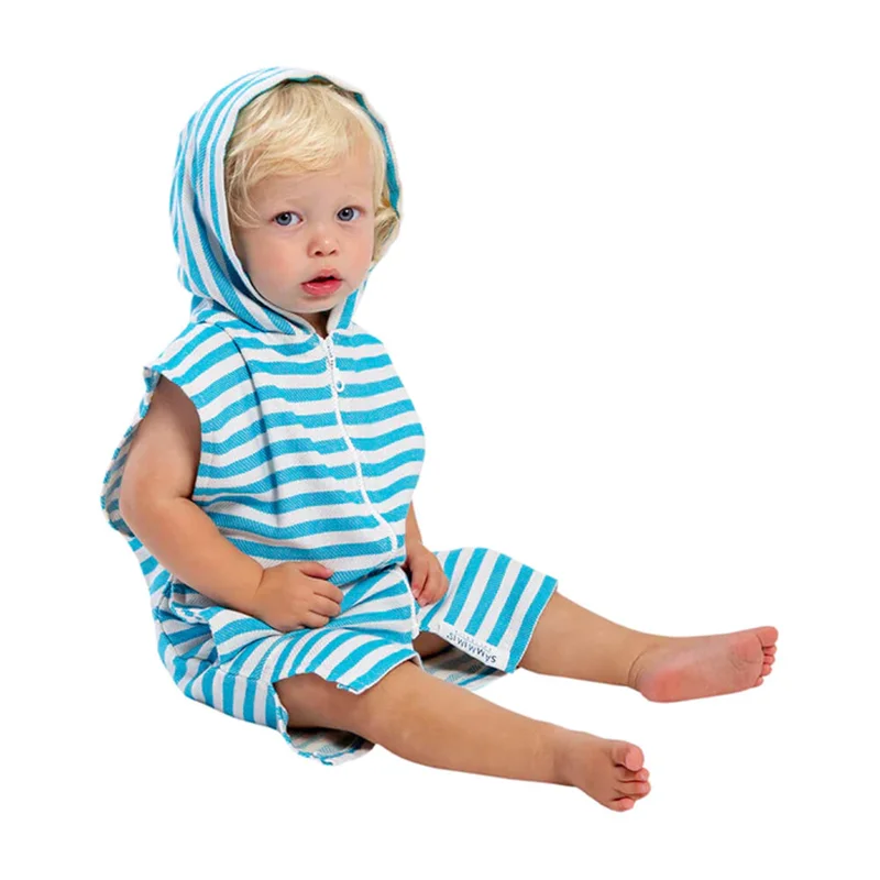 Лидер продаж; Летние туфли изготовленным на заказ логосом детская multifonctions с застежкой-молнией в синюю полоску пляжное капюшоном дети пляжные