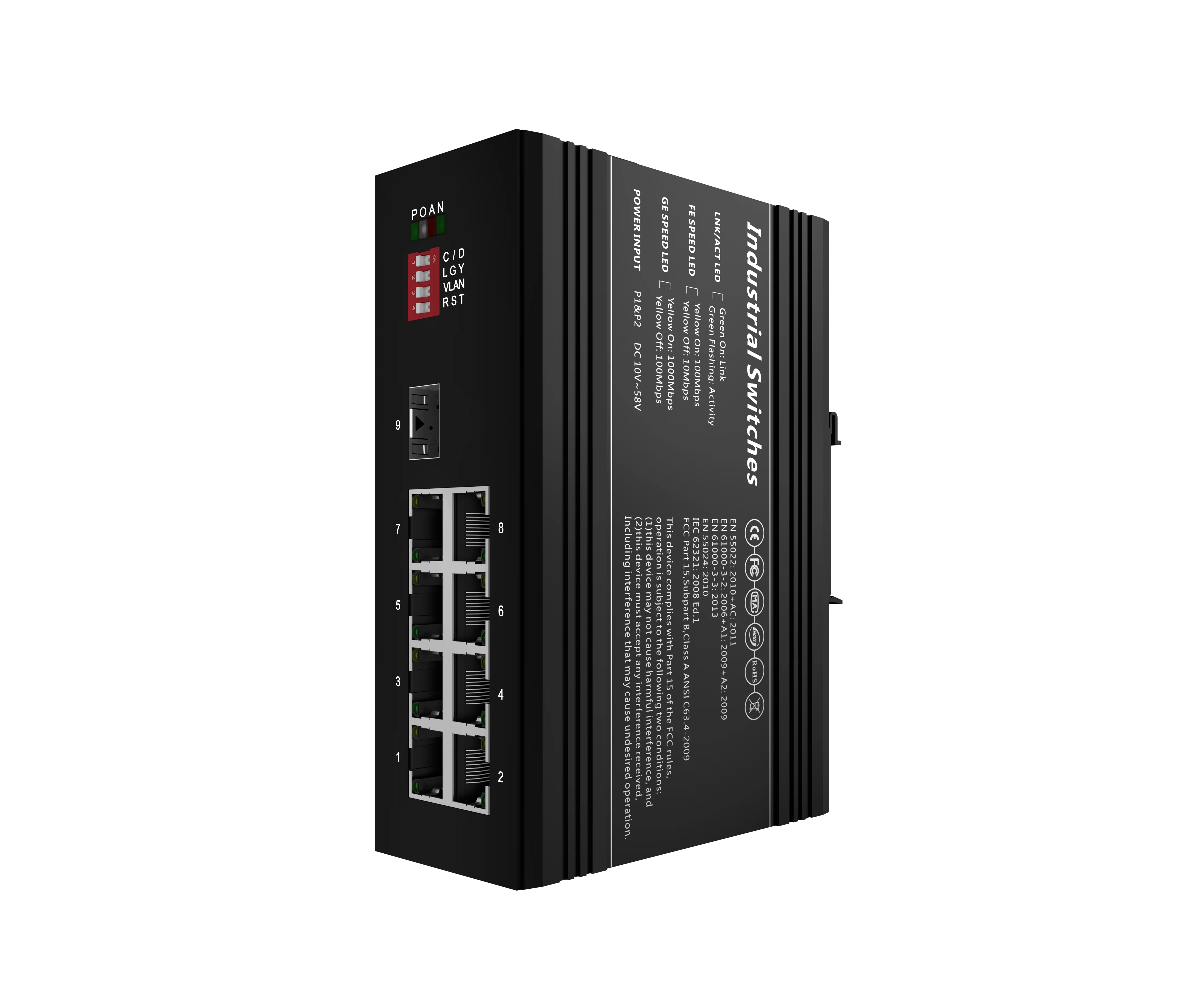 Todahika CE FCC RoHS Din-Rail 1 x Gigabit SFP 8 x 10 100 1000Base-T 26Gbps DC12V-58V input Industrial Switch