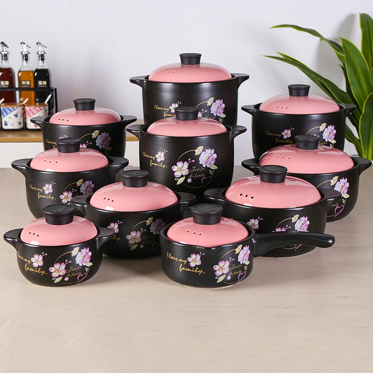 Pink flower chinese style fashion stoneware home pots non stick casserole ceramic kitchen wares pots for cooking