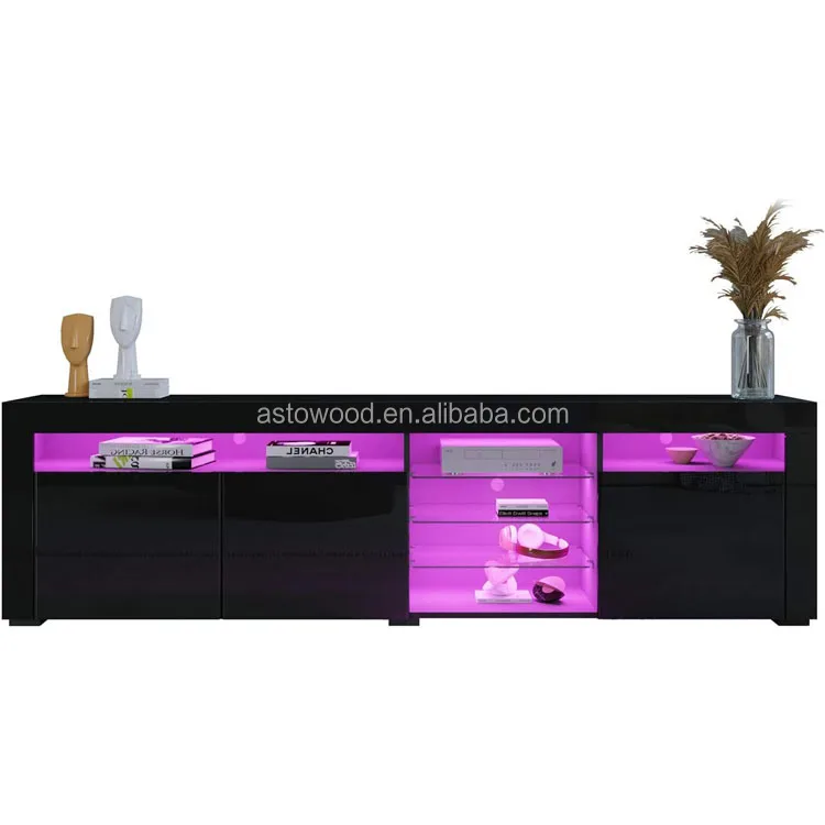 White High Gloss TV Unit with LED Lights 180CM Unit for Living Room, 3 Doors and 7 Open Shelves, Home Furniture