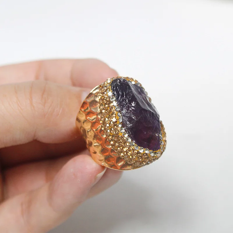 Trendy Women Ring Vermeil Emerald Amythst Citrine Target Diamond Natural Stone Quartz Cuff Adjustable Jewelry Wholesale