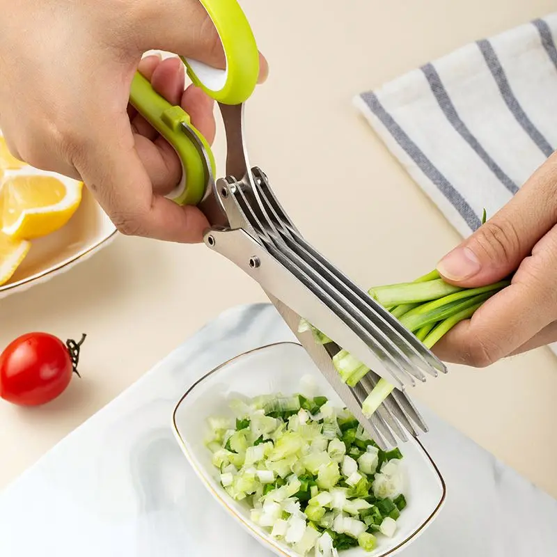Multifunction Vegetable Kitchen Gadget Scissor Kitchen Herb Shear Cutter Stainless Steel 5 Blade Herb Scissor With Cleaning Comb