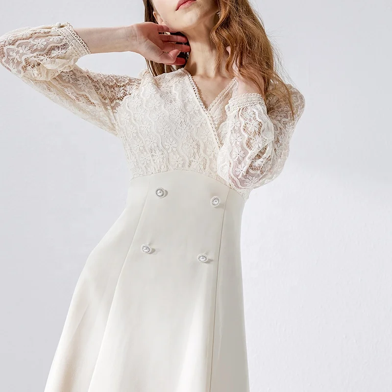 Huiquan New Design Printed Lace Decoration Beige Dress Elegant Luxury French Dress