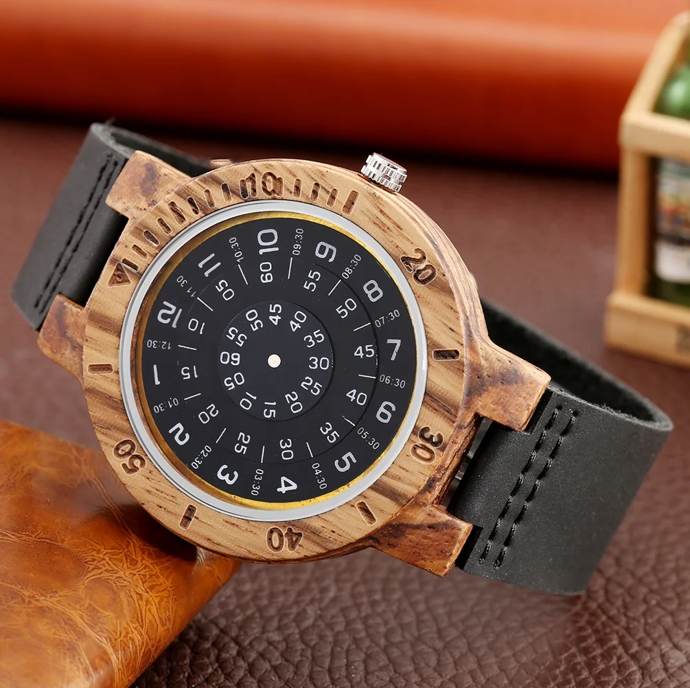 Creative Unique Leather Quartz Men Wood Watches OEM Custom Logo Wooden Watch For men