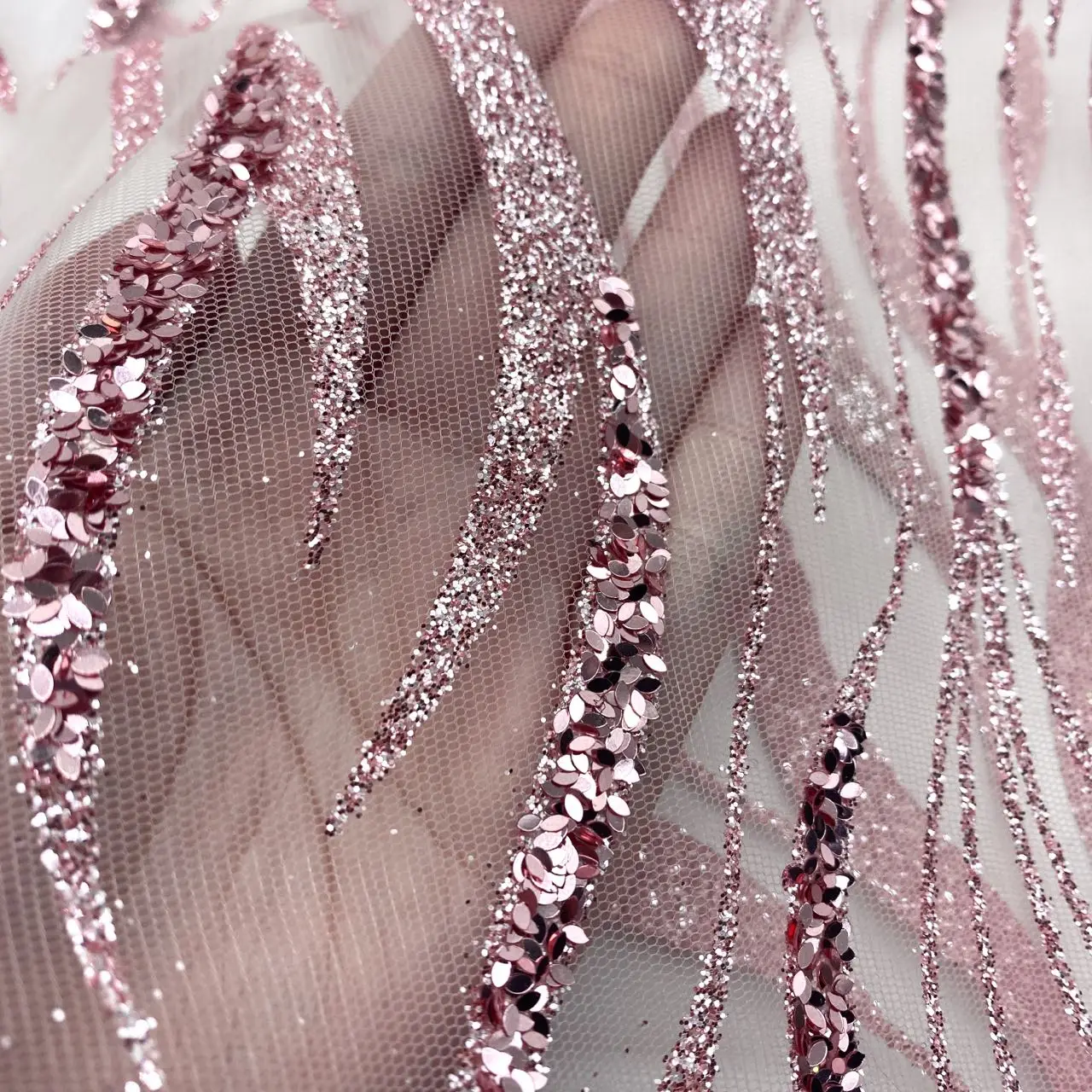 Gorgeous Nylon Tulle Lace Fabric with pink Glitter and Beads Sequins Embroidered for evening dress