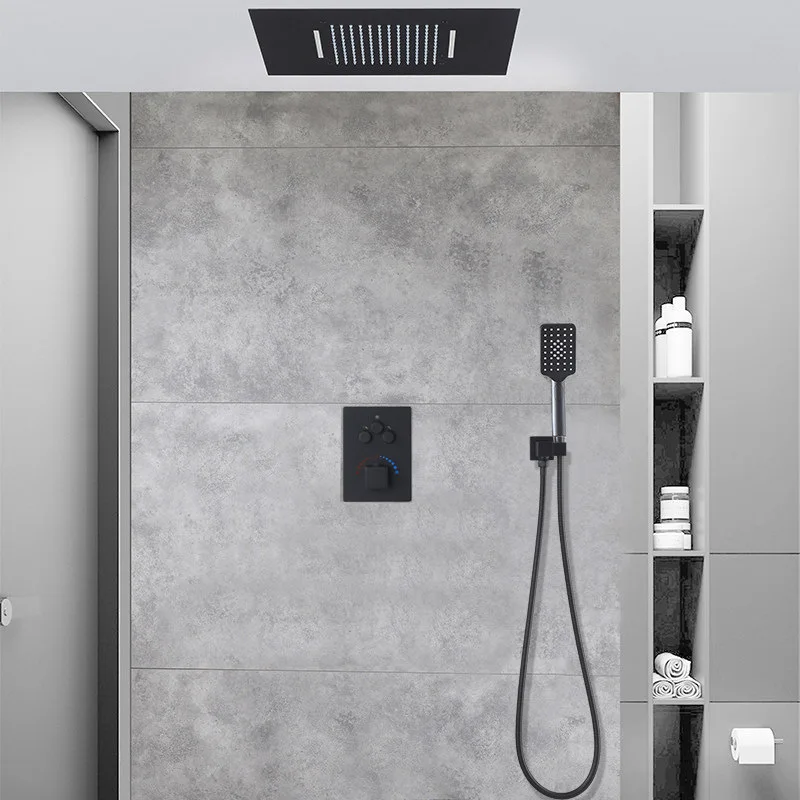 Modern 12 Inch Ceiling Rain Shower System Flush-Mounted Shower Set Black with Rain Shower Head Stainless Steel