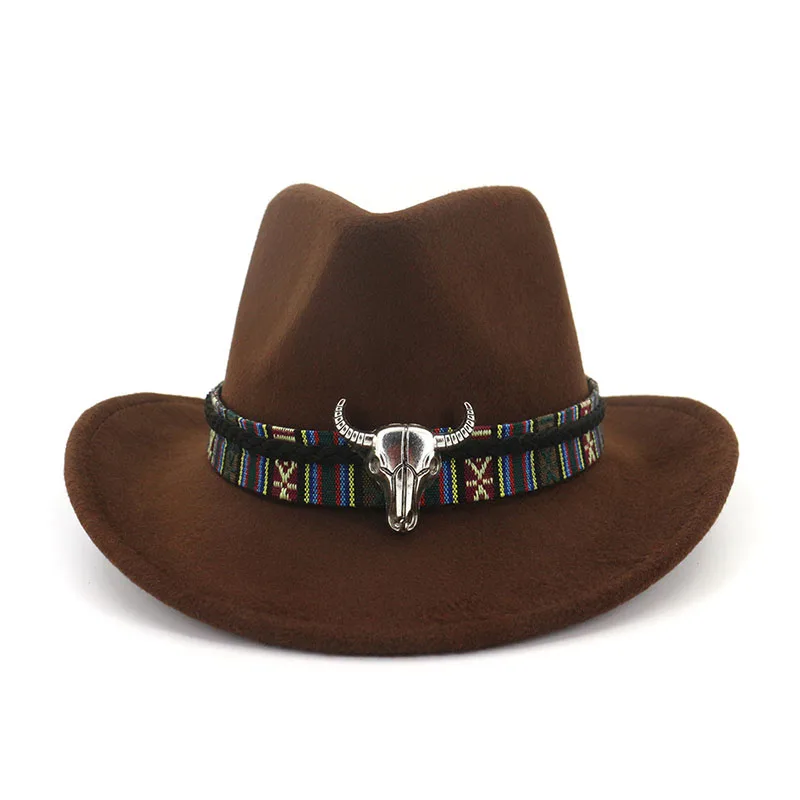 6 Colors Fedora Hats with Cattle Head Bohemian Style Embroidered Webbing Western Cowboy Winter Caps for Unisex