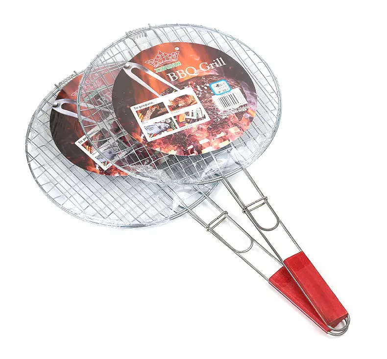 Fish Meat Roast Grates Wood Handle Metal Cooking Round Grid Net Barbecue Grill Wire Mesh BBQ Accessories