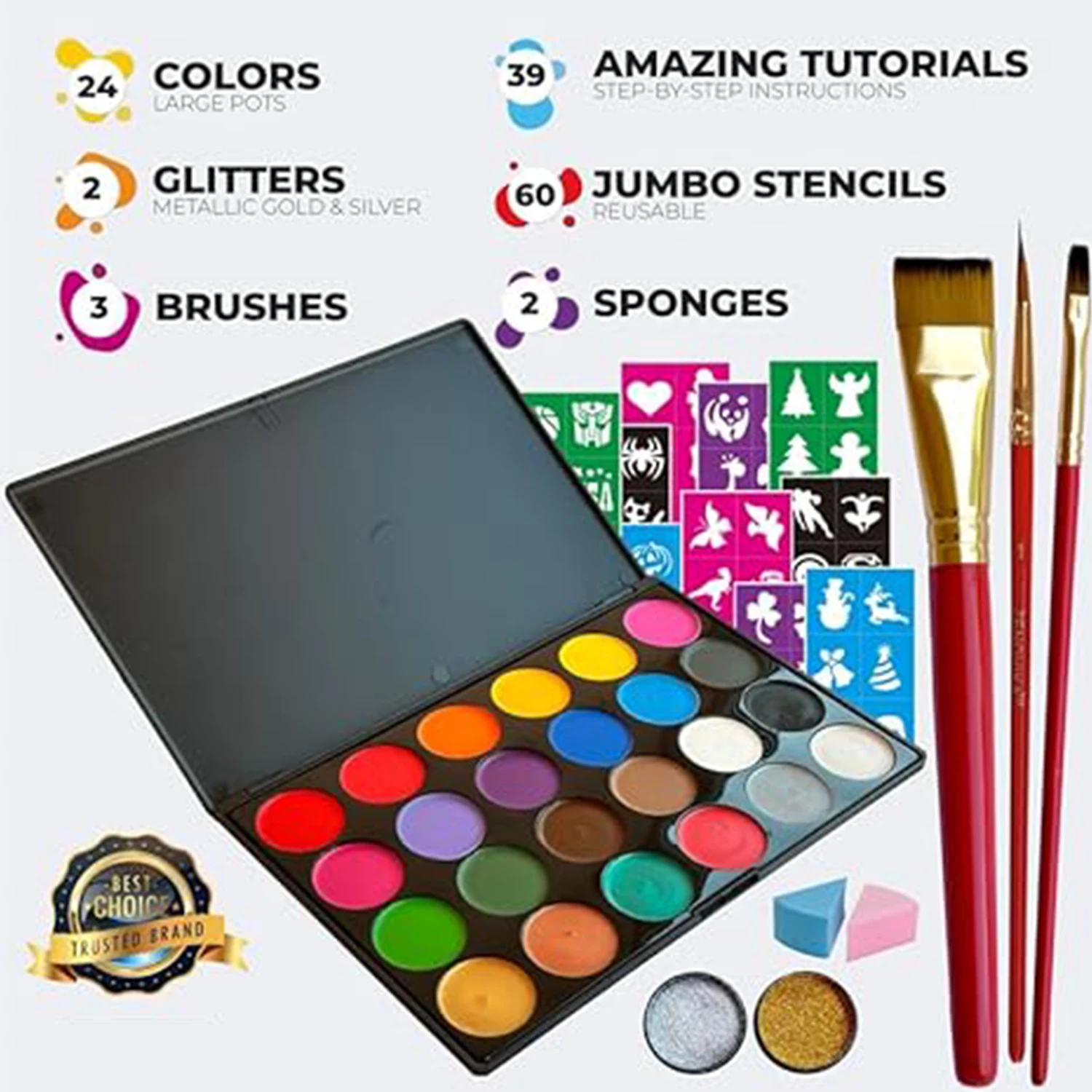 24 Colors Safe and Easy to Use Face Paint Kit  for Kids,Stencils, Book, and Professional Halloween Makeup Kit
