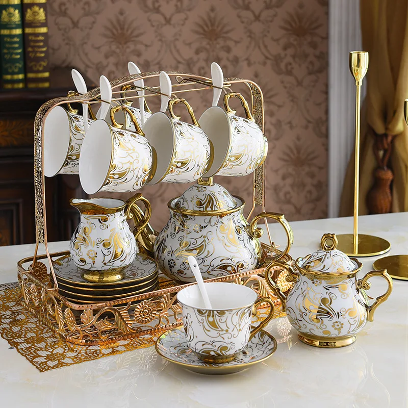 Golden Ceramic Tea Set Porcelain Gold Coffee Cups Teapot Milk Pot Sugar Jars With Holder Tea Cup Saucer Set
