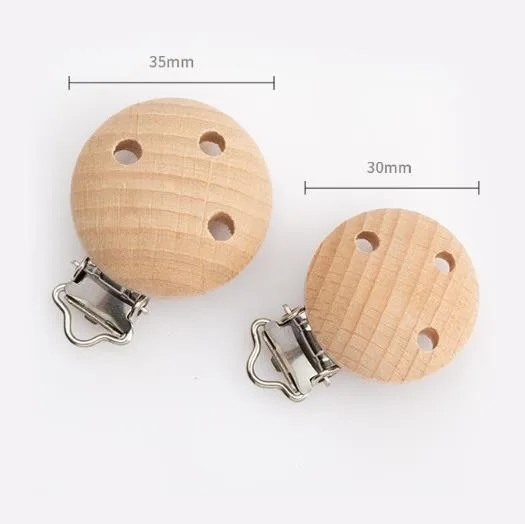 wholesale round custom 30mm wooden baby pacifier clip