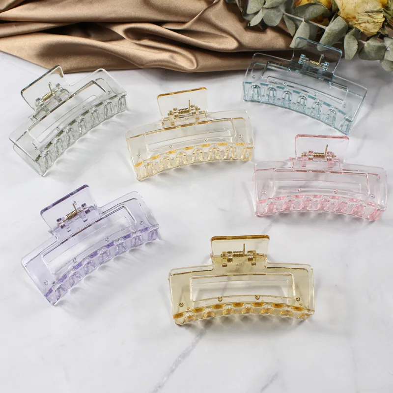 Amazon Custom acrylic girl hair clamp colorful resin Claw Clip Transparent Rectangle Hollow Hair Claw Clip
