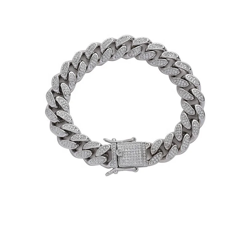 Stock real gold color miami jewelry brass 12mm width zircon cuban chain bracelet