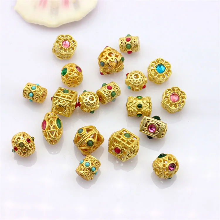 JF8742 Matte Gold Plated Pave Stone Nepal Nepalese Style Brass Beads Nepal Charms Tibetan Ethnic Tribal Beads for Jewelry Making
