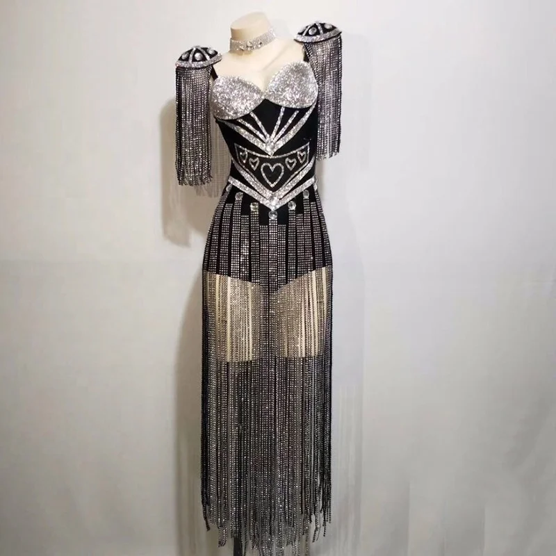 New Crystals Epaulet Sexy Women Sparkly Tassel Outfit Celebrate Costume Stage Party Singer Dance Wear Fringes Leotard