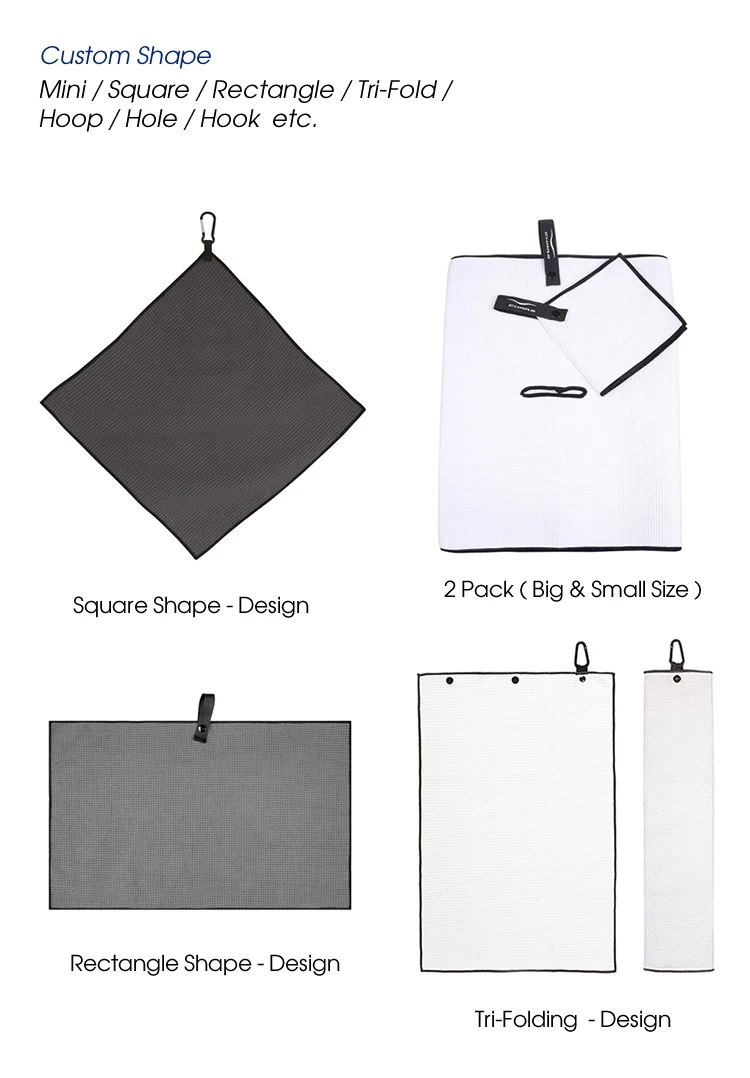 Wholesale Custom Logo Printed Golf Waffle Towels With Hook and Pocket Microfiber Weave Golf Towel