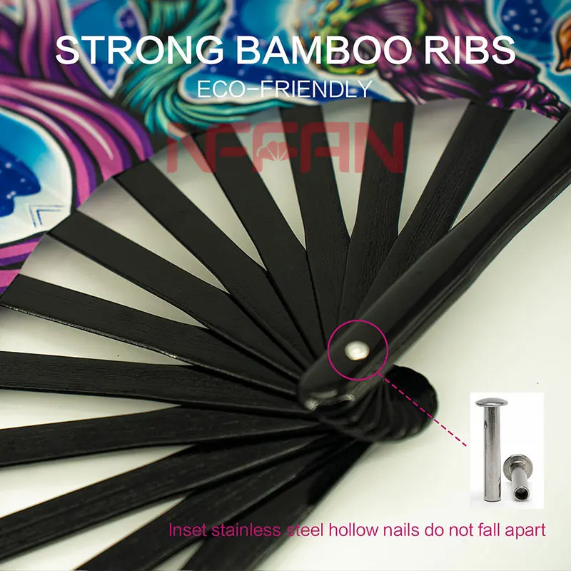 High Quality Custom Printed Large Clack Rave Festivals Folding Hand Held Fan