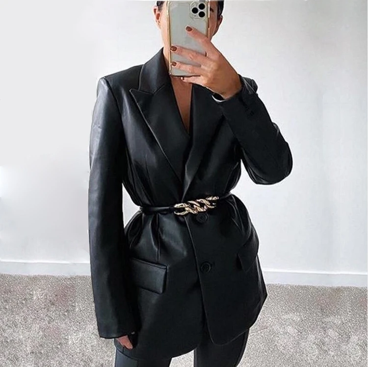 wholesale casual streetwear oversized PU jacket fashion long sleeve black faux leather blazer women 2021