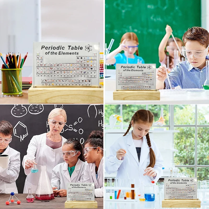 Chemistry Transparent UV Print Acrylic Periodic Table With Wood Base