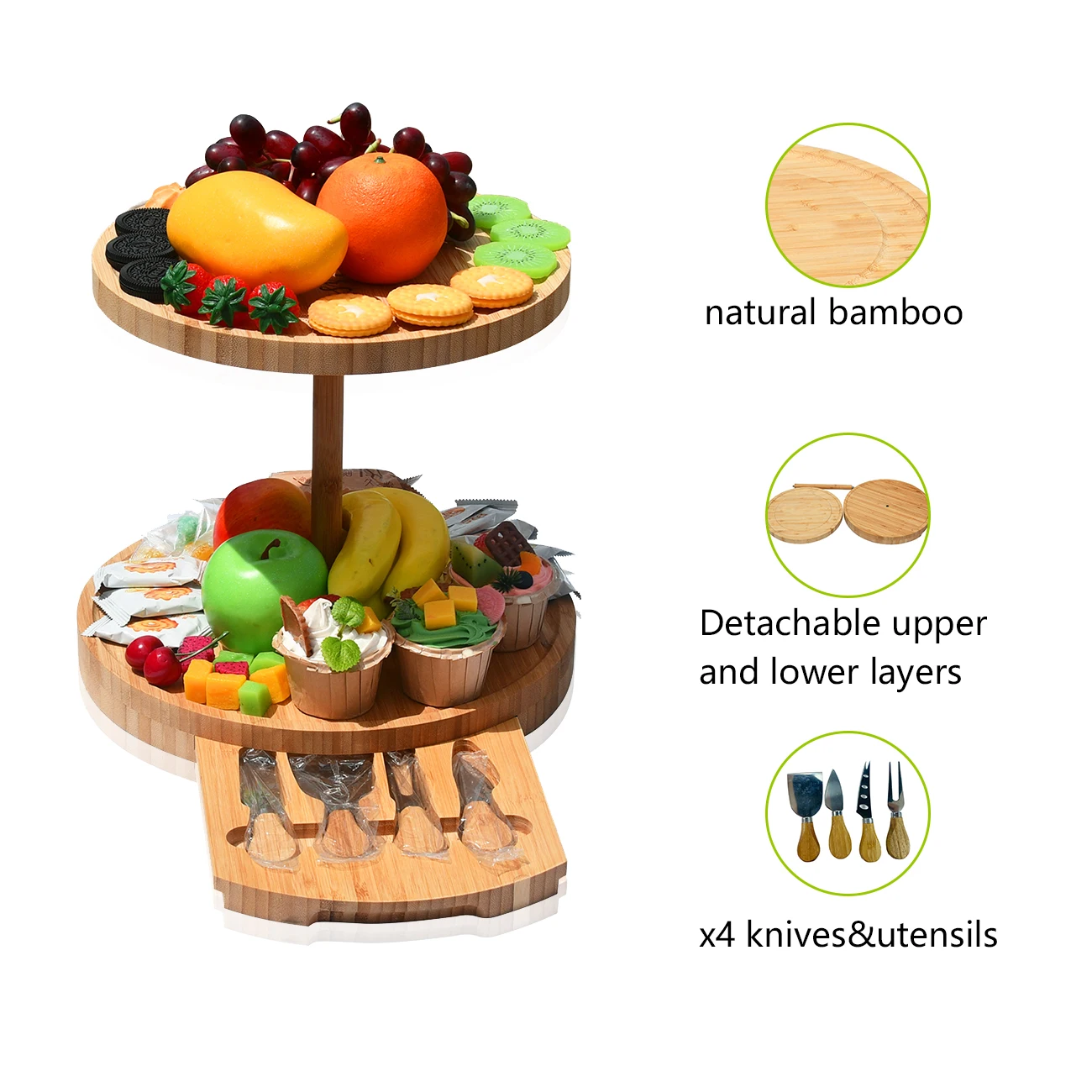 Marble Black Unique Bamboo Acacia Charcuterie Cheese Board With Drawers Knives Set 2 Tiers Platter High Quality