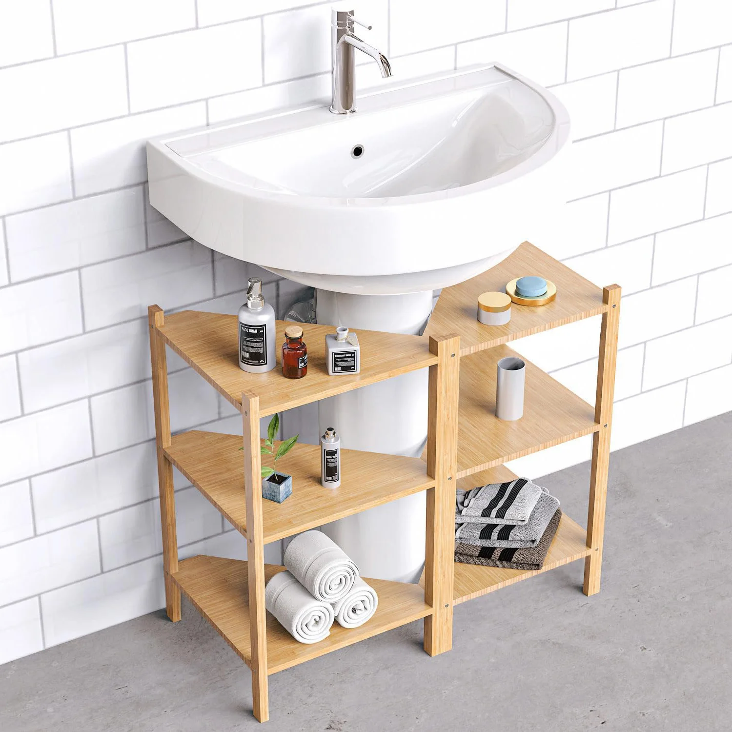 Bamboo Shower Corner Shelves Free Standing Shelf Storage Organizer for Bathroom Living Room 3 Tier Wood Corner Shelf