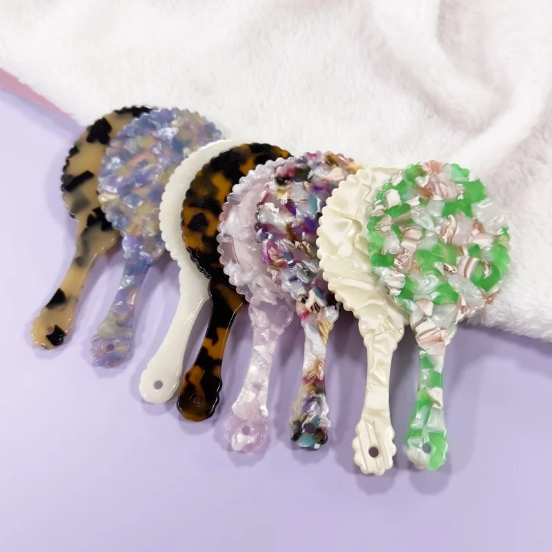 Fashion Retro Cellulose Acetate Mirror Plate Oval Flower Shape Portable Makeup Mirror Long Handle Tortoise Shell Pocket Mirror