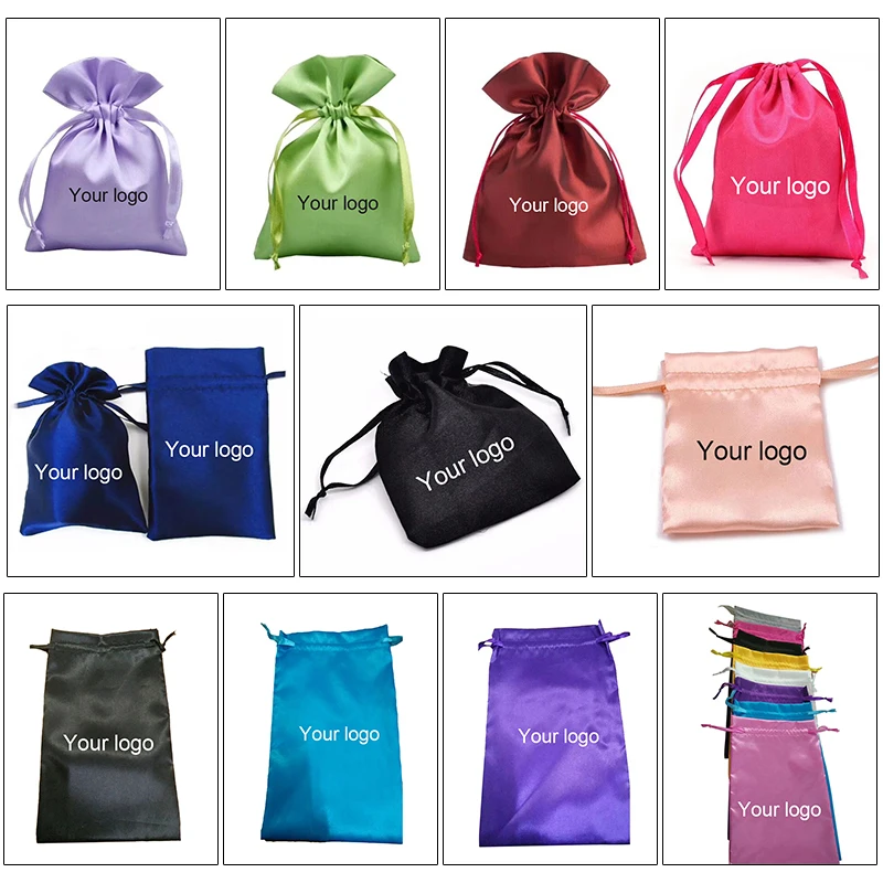 Private label plastic hair wig packing bag,custom logo soft fabric glossy silk stain packaging bag with drawstring for jewelry