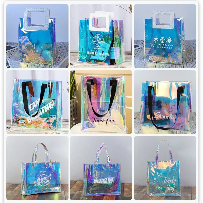 Magic pvc laser tote bag printing logo net red jelly transparent plastic gifts with gift bags wholesale