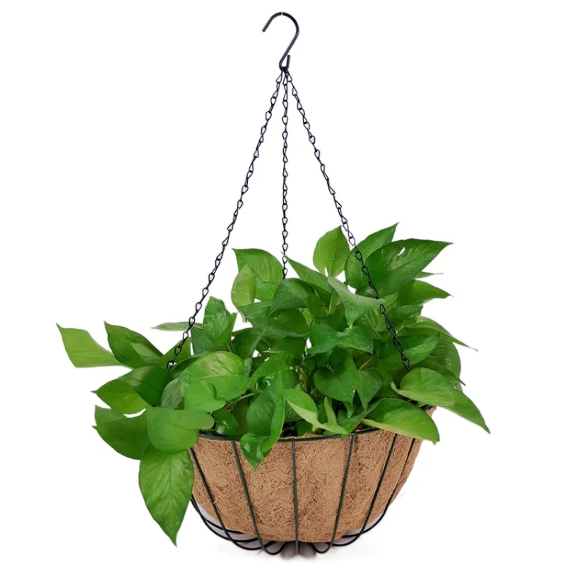 Metal Hanging Planter Basket with Coco Coir Liner Round Wire Plant Holder with Chain Decorative Flower Pots Hanger for Garden