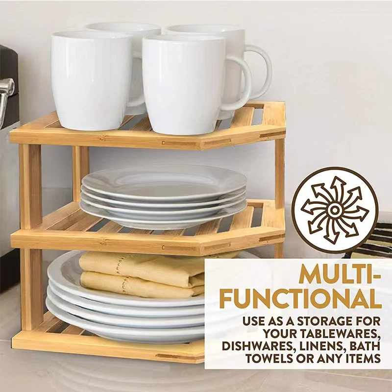 Bamboo Wood 3-Tier Corner Kitchen Storage Shelf Corner Shelf Storage Organizer Rack for Plates Cabinet and Pantry Organization