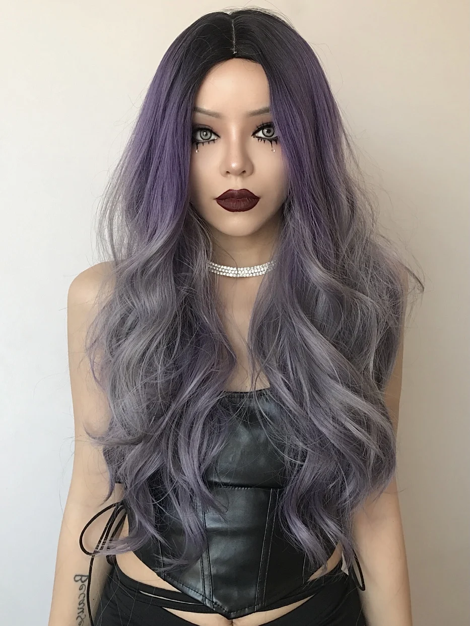 BVR Gray and Purple Ombre Color Long Curly Hair Wig Body Wave Japanese Fibre Synethetic Hair Wig