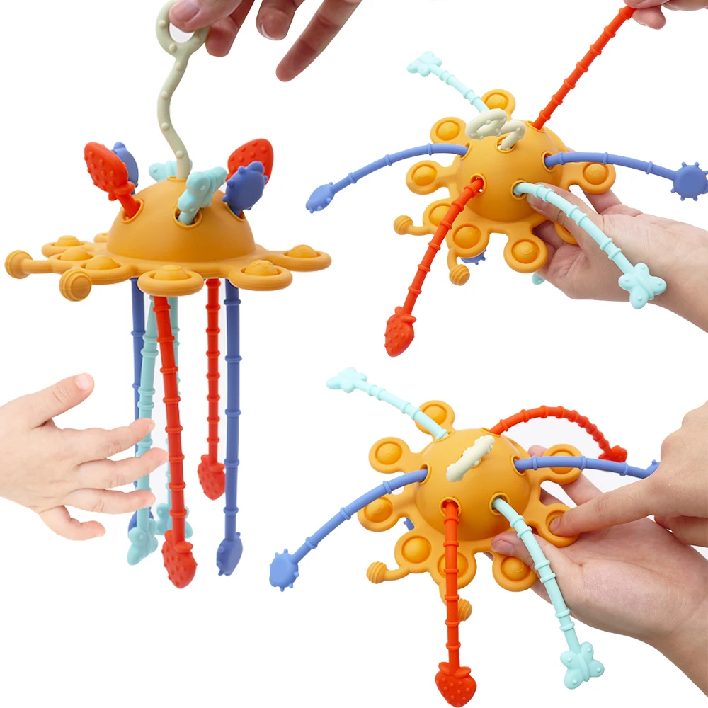 Custom Press Finger Baby Teething Sensory Kids Toys Educational Learning Baby Silicone Pull String Toys