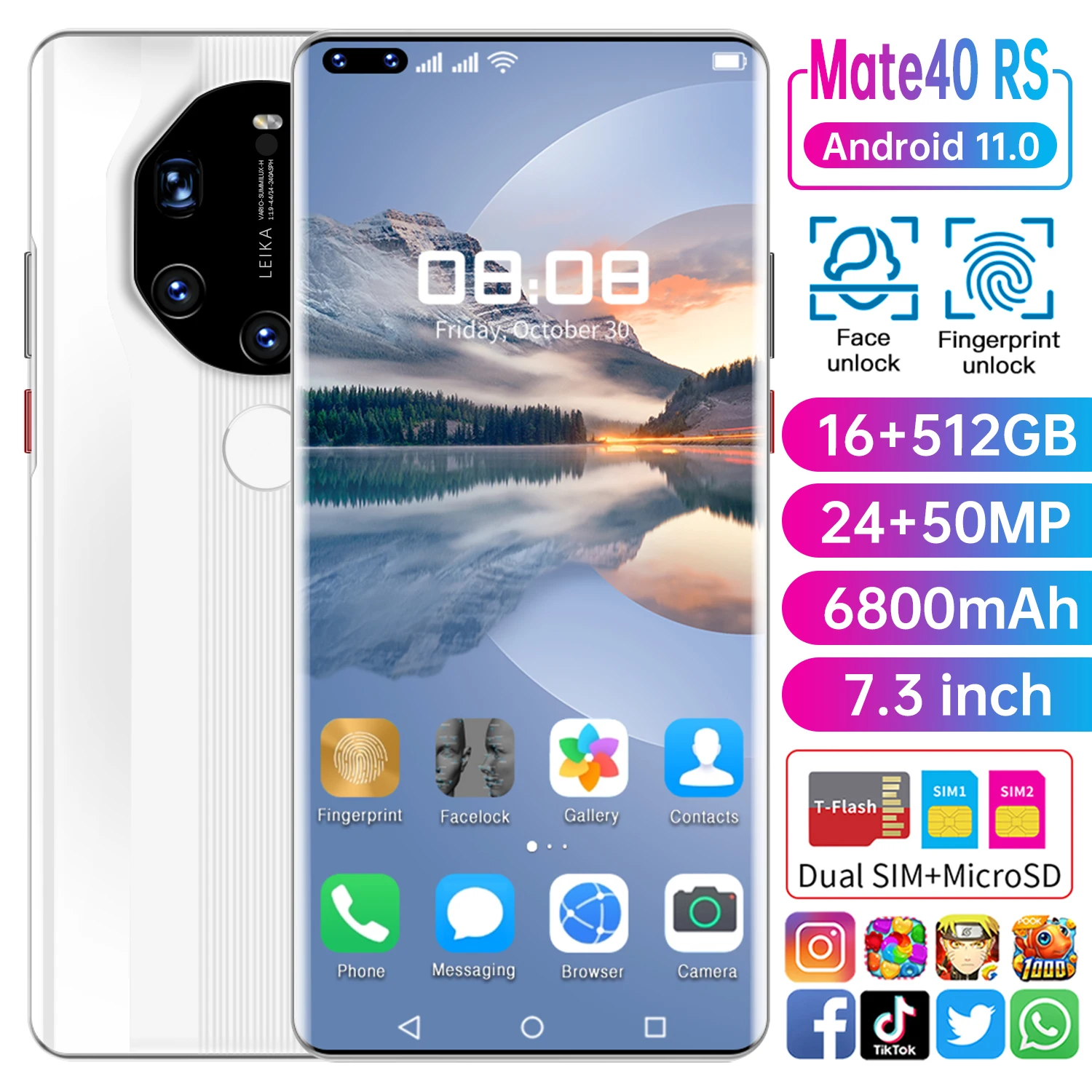  Высокая конфигурация Mate40 RS MTK6889 + 10-ядерный 16GB 512GB 24MP 50MP 7 3 дюймов HD левый отверстие-экрана 6800 мА/ч android11.0