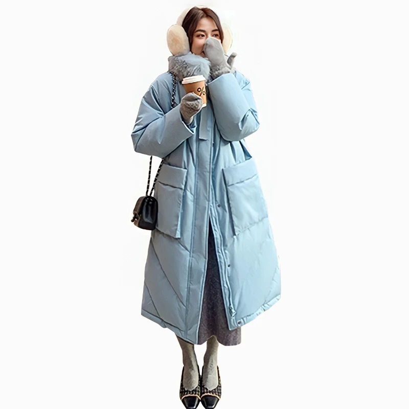 High Quality Winter New Big Fur Collar Mid-Length Red And Blue Thick Coat  Down Jackets