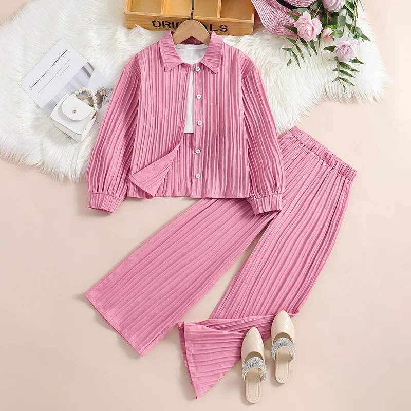 Ms-250 2024 Girl Clothing Spring Set Button Blouse Top + Wide Leg Pants Causal Children Clothes for Kids 10 to 12 Years Girls