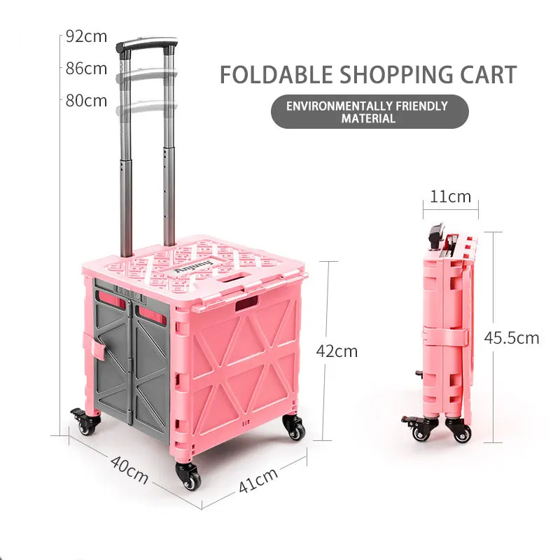 New Trendy Plastic Rolling Hand Supermarket Foldable Shopping Cart Mini Folding Shopping Trolley