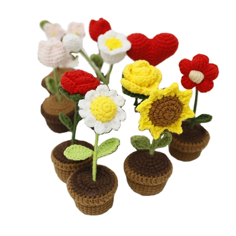 10 cm Lovely Handmade Rose Sunflower Tulip Daisy Heart Crochet Flowers In A Pot For Home Decoration