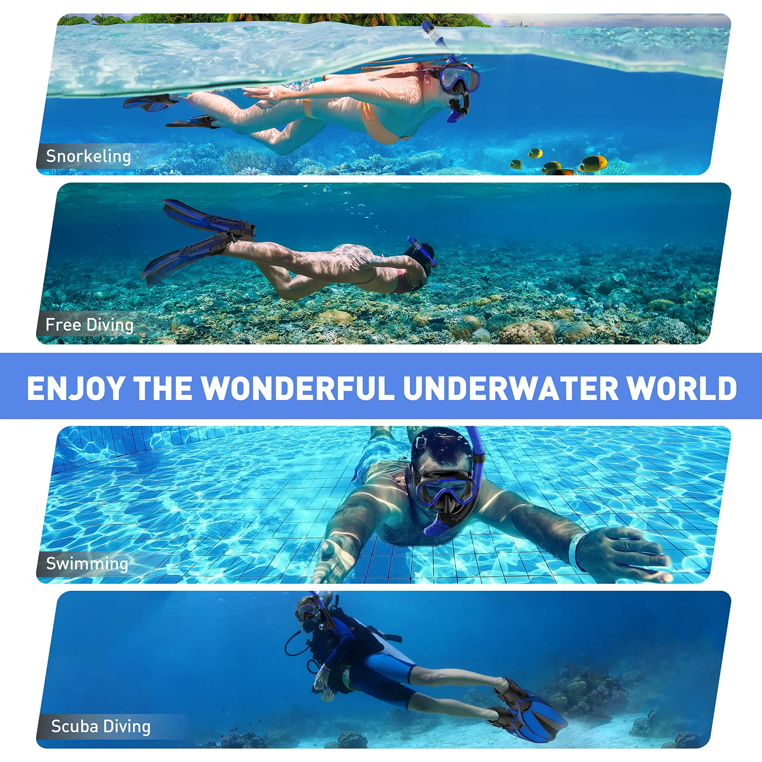 SKTIC Panoramic View Anti-Fog Anti-Leak Snorkel Mask Fins Adults Snorkel Set With Flippers For Swimming, Snorkeling, Free Diving