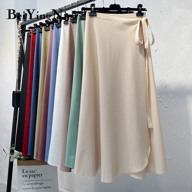 Summer One-piece Skirts Womens Solid Floral Printed Vintage Long Midi Skirt Female 30 Colors Korean Chiffon Falda Wrap Skirts