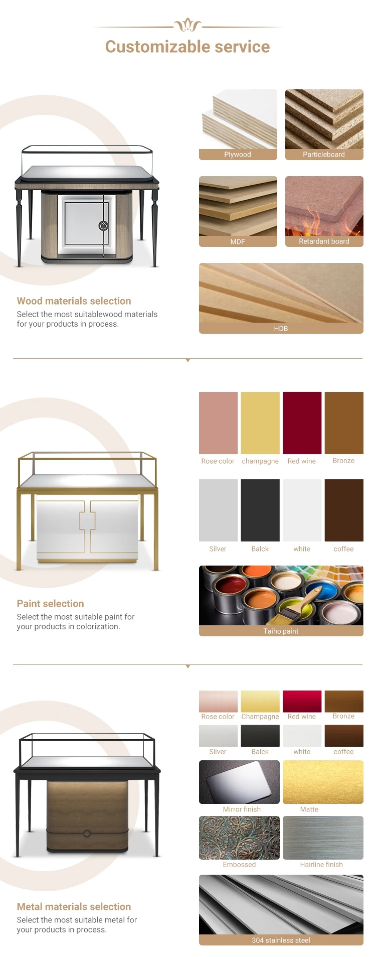 Factory directly sell wood stainless steel glasses stock jewelry display showcase