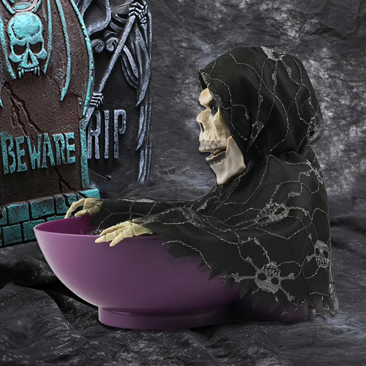 2021 завод OEM оптовая продажа скелет конфеты тарелка конфеты сумка Хэллоуин светящийся звук Скелет встряхивание страх реквизит визиты призрак
