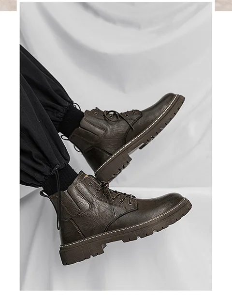 High top English style casual leather boots Leather outdoor retro waterproof fashion all-in-one wear-resistant platform boots